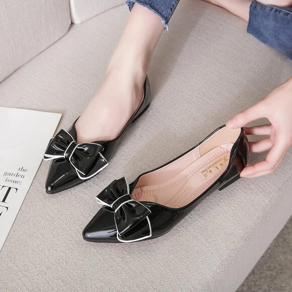 Women Black Artificial lacquer leather Pointed Toe Bow Memory Foam Flats - Picture 6 of 6